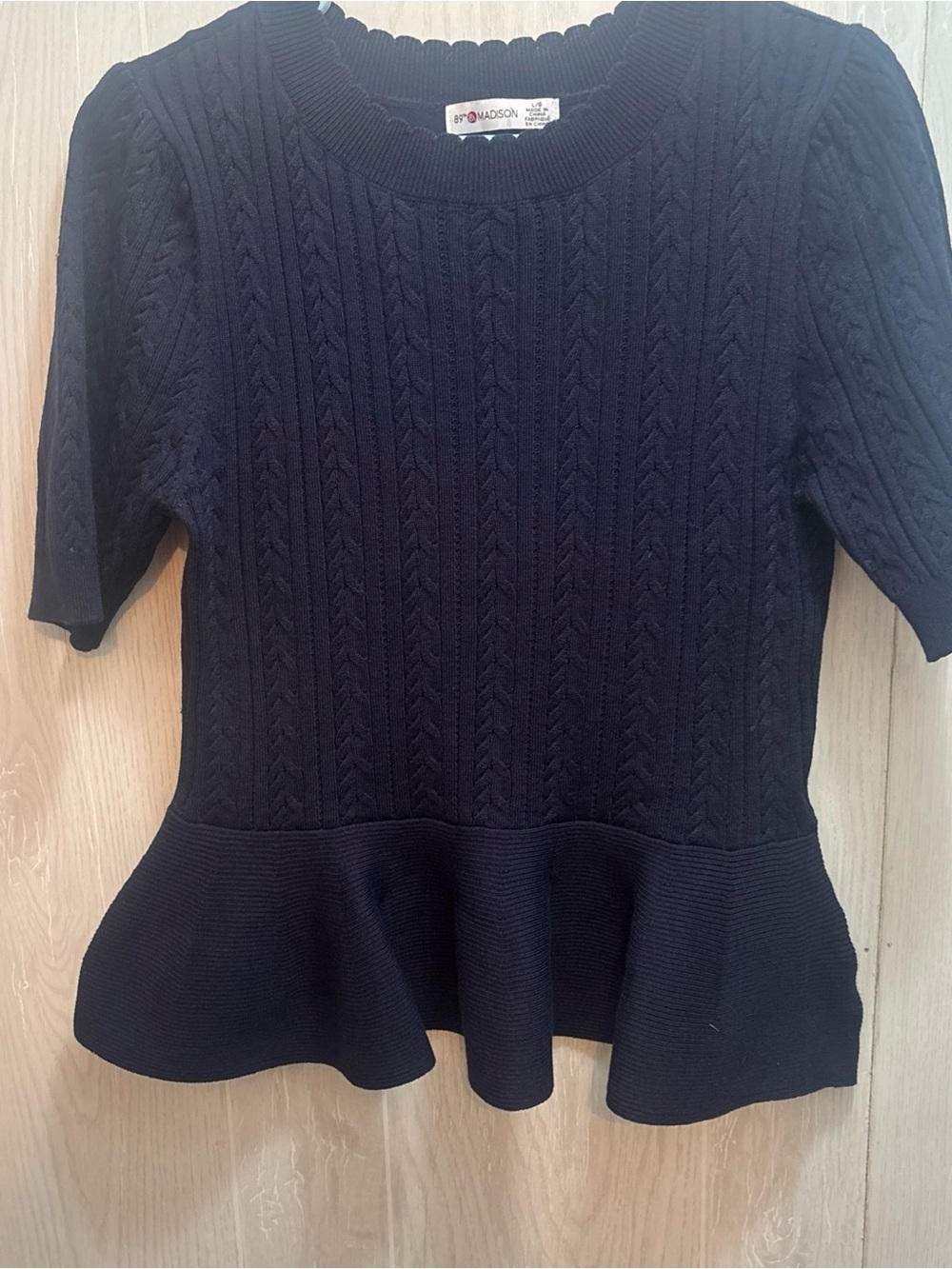 89th & Madison Navy Cable-Knit Peplum Sweater Top